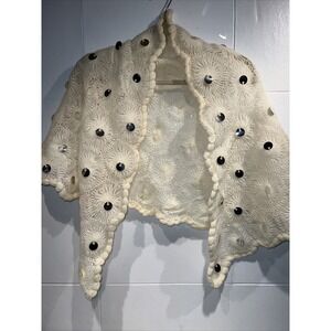 Vtg  Glentex Ivory Japan  Floral Hand Made 100% Wool Knit Shawl Faux  Wrap